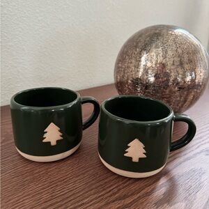 Crate & Barrel Green Ceramic Mugs with Tree Design